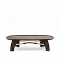 Mesa de centro ovalada em madeira escura com suporte em metal dourado 120 x 60 x 45cm