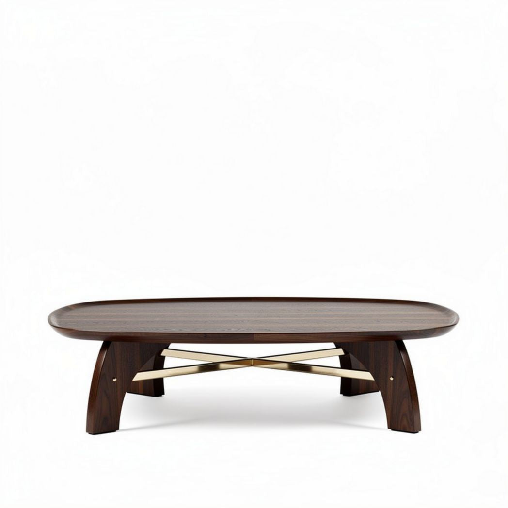 Mesa de centro ovalada em madeira escura com suporte em metal dourado 120 x 60 x 45cm
