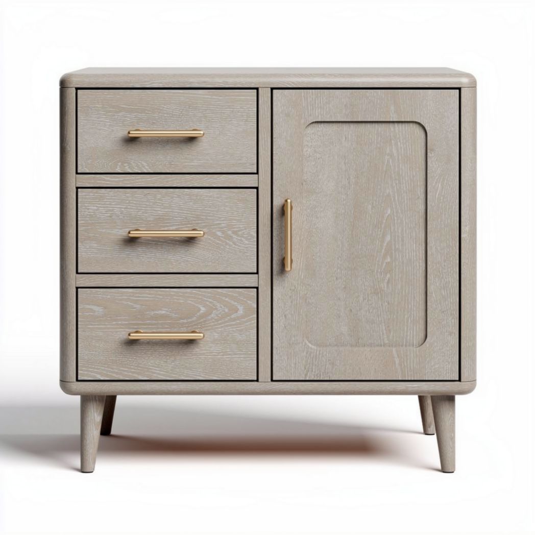 Criado-mudo moderno em madeira cinza claro com 3 gavetas e 1 porta 45 x 40 x 60cm