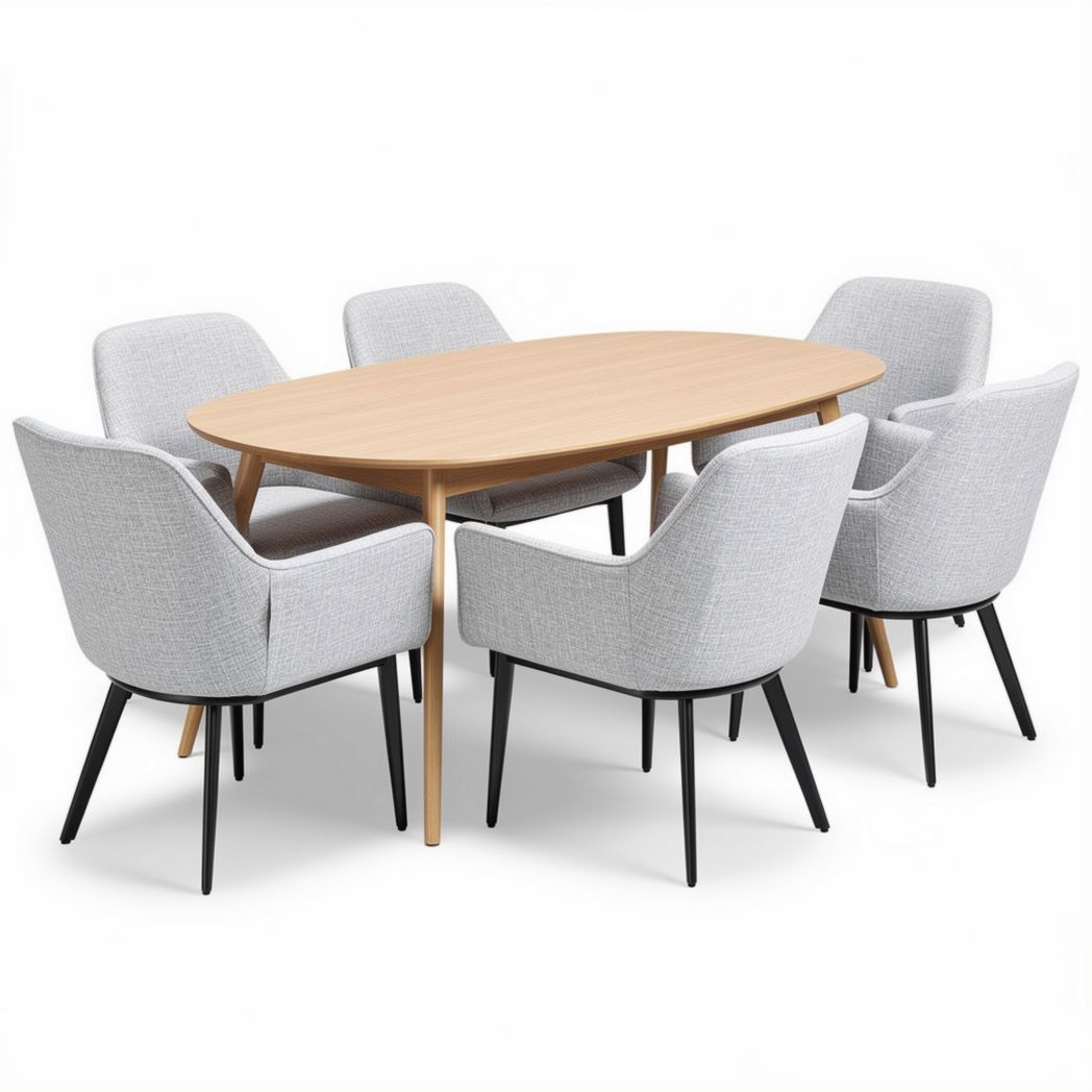 Mesa oval em madeira com 6 cadeiras em tecido cinza 150 x 90 x 75cm