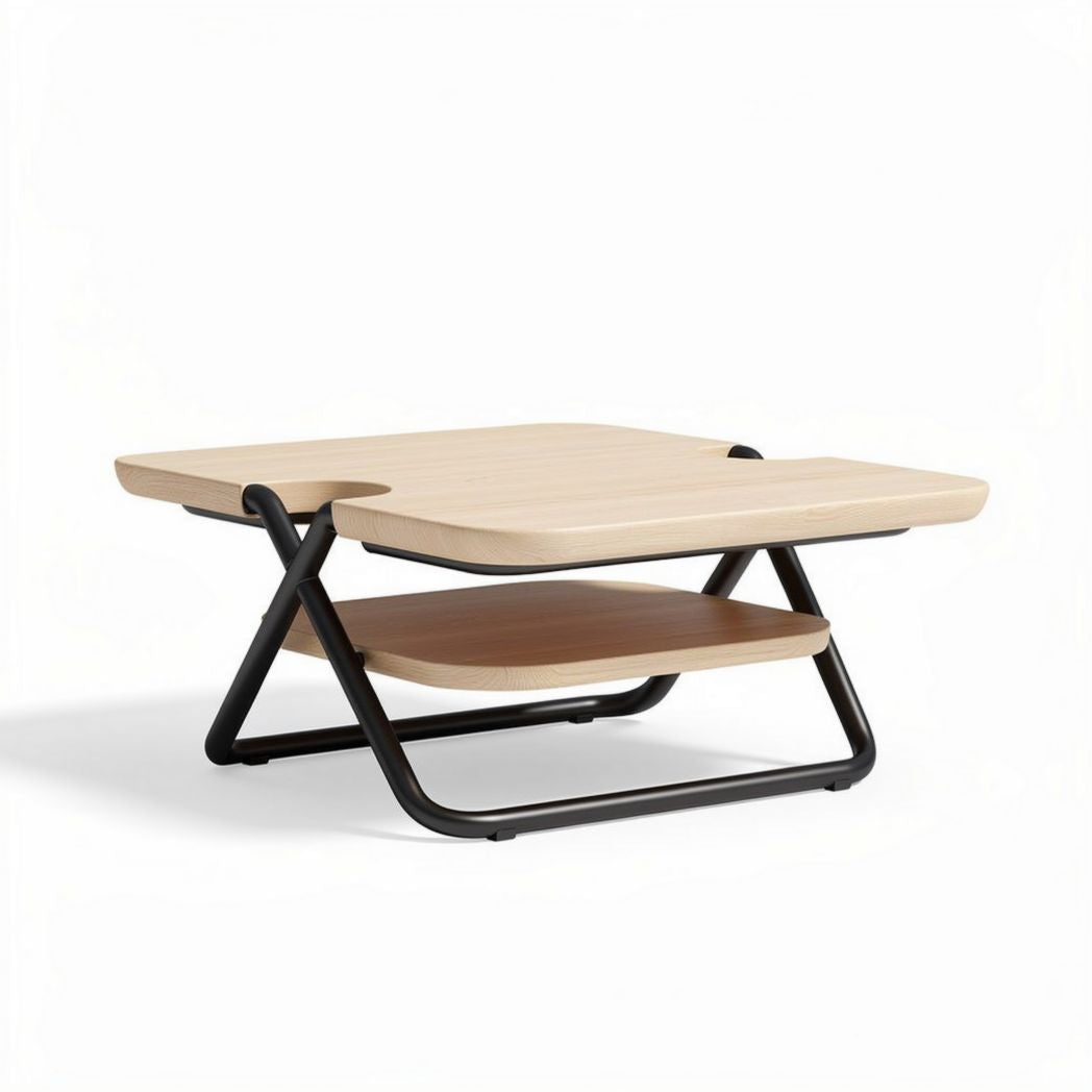 Mesa de centro dobrável em madeira clara e estrutura metálica preta 50 x 50 x 30cm