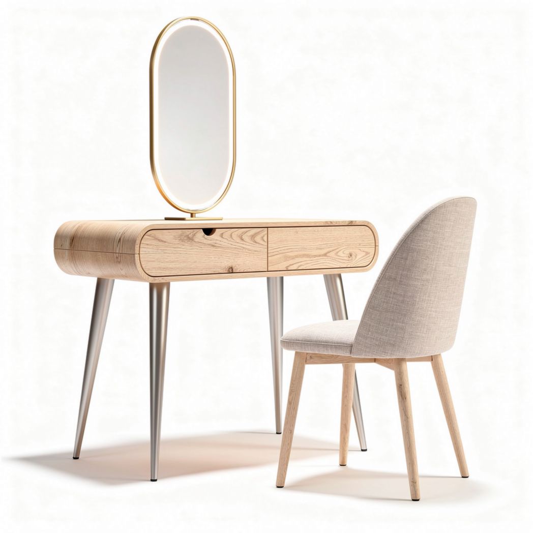 Mesa de maquiagem em madeira natural com espelho oval e cadeira em tecido cinza